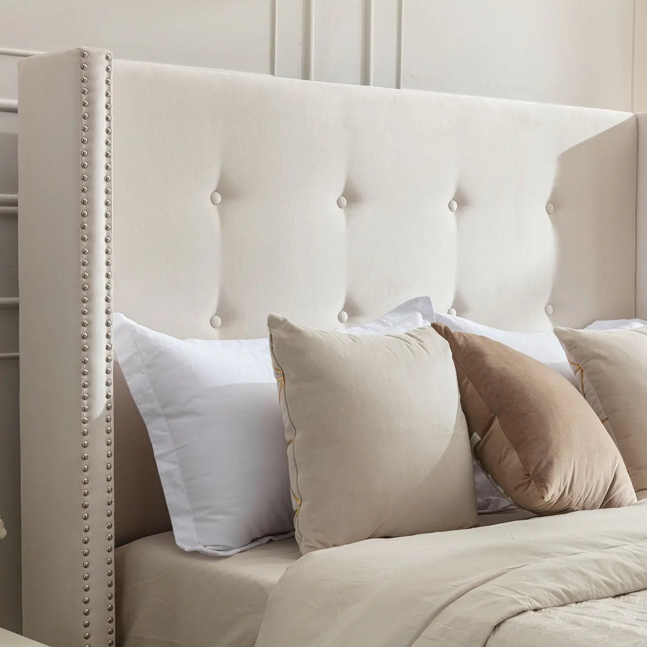 Bellemave® Upholstered Platform Bed with Traditional Hand Buttoned Tufting High Headboard,Nailhead Trim Wingback - Bellemave