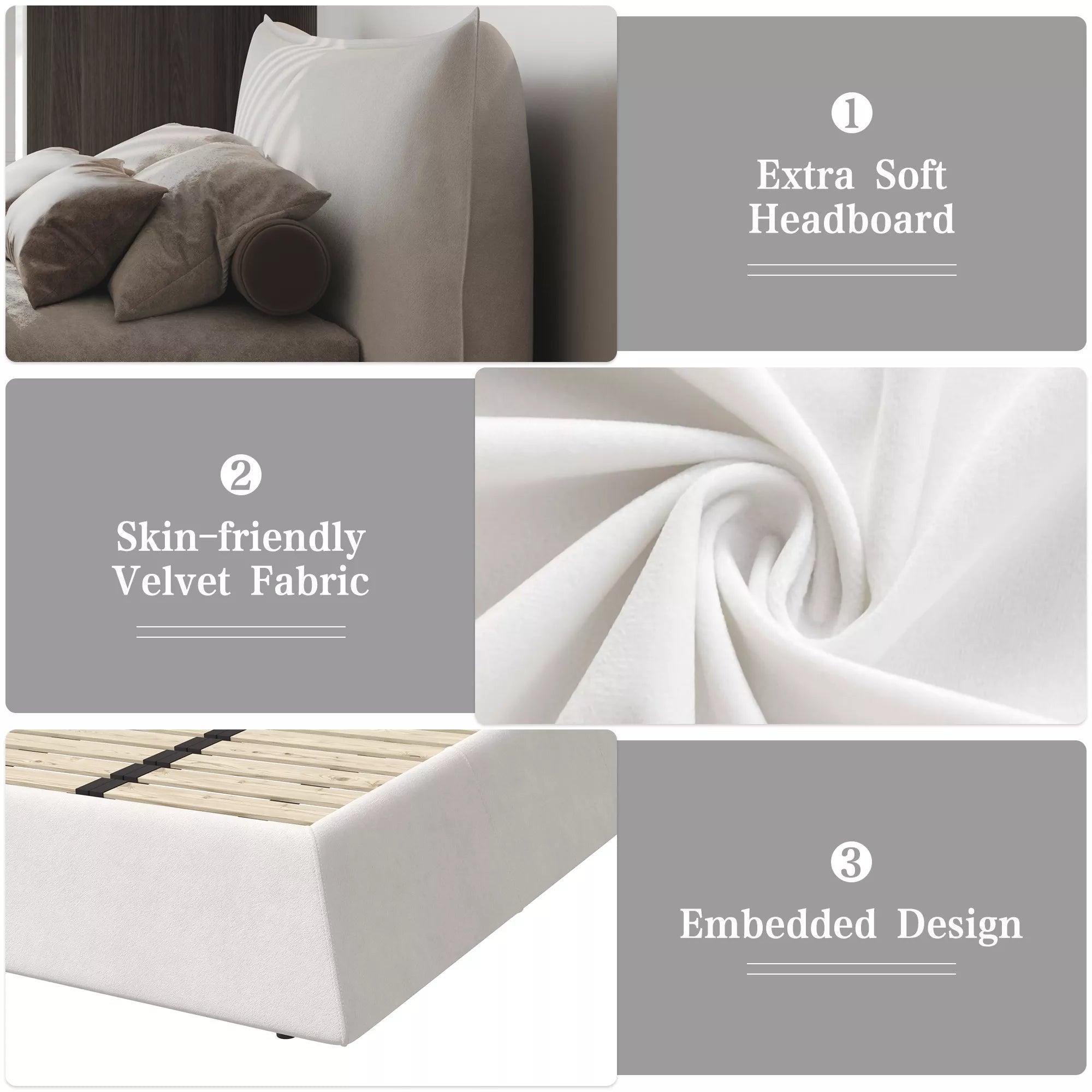 Bellemave® Upholstered Platform Bed with Velvet Headboard, Metal & Solid Wood Bed Frame, No Box Spring Needed - Bellemave