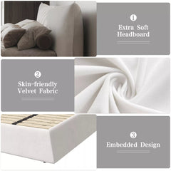 Bellemave® Upholstered Platform Bed with Velvet Headboard, Metal & Solid Wood Bed Frame, No Box Spring Needed - Bellemave