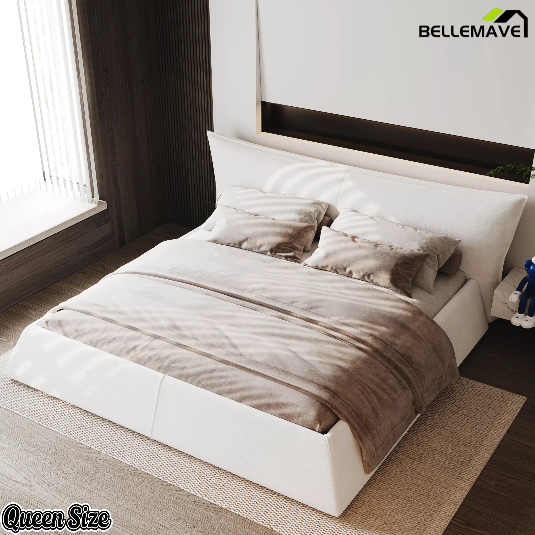 Bellemave® Upholstered Platform Bed with Velvet Headboard, Metal & Solid Wood Bed Frame, No Box Spring Needed - Bellemave