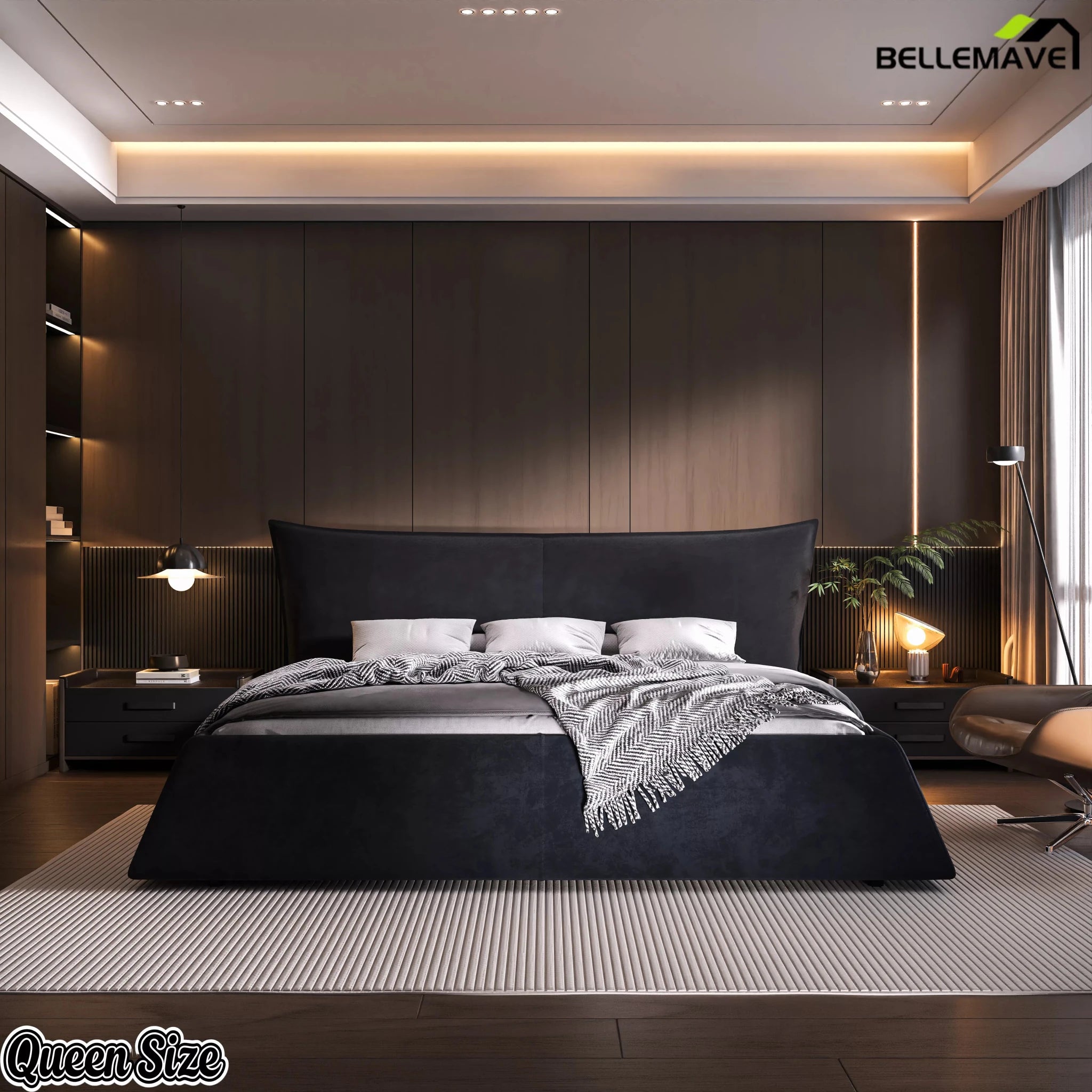 Bellemave® Upholstered Platform Bed with Velvet Headboard, Metal & Solid Wood Bed Frame, No Box Spring Needed - Bellemave