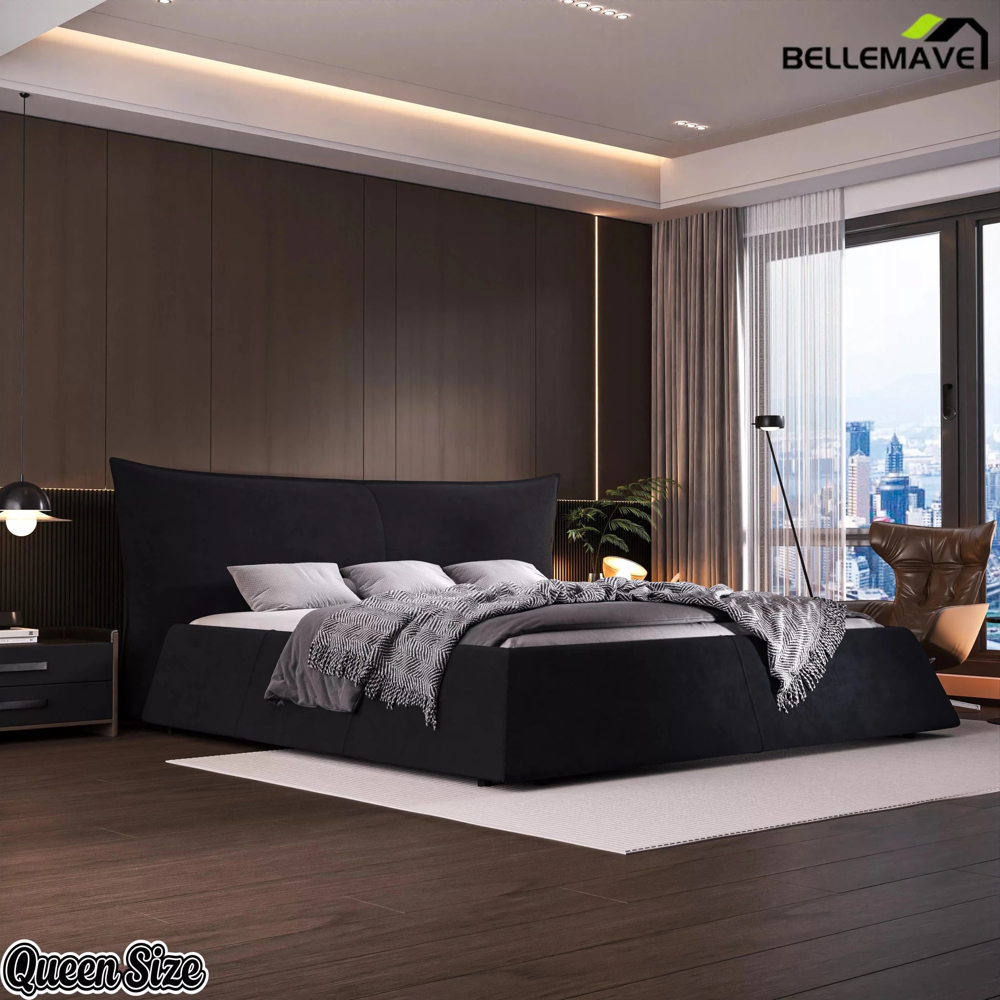 Bellemave® Upholstered Platform Bed with Velvet Headboard, Metal & Solid Wood Bed Frame, No Box Spring Needed - Bellemave