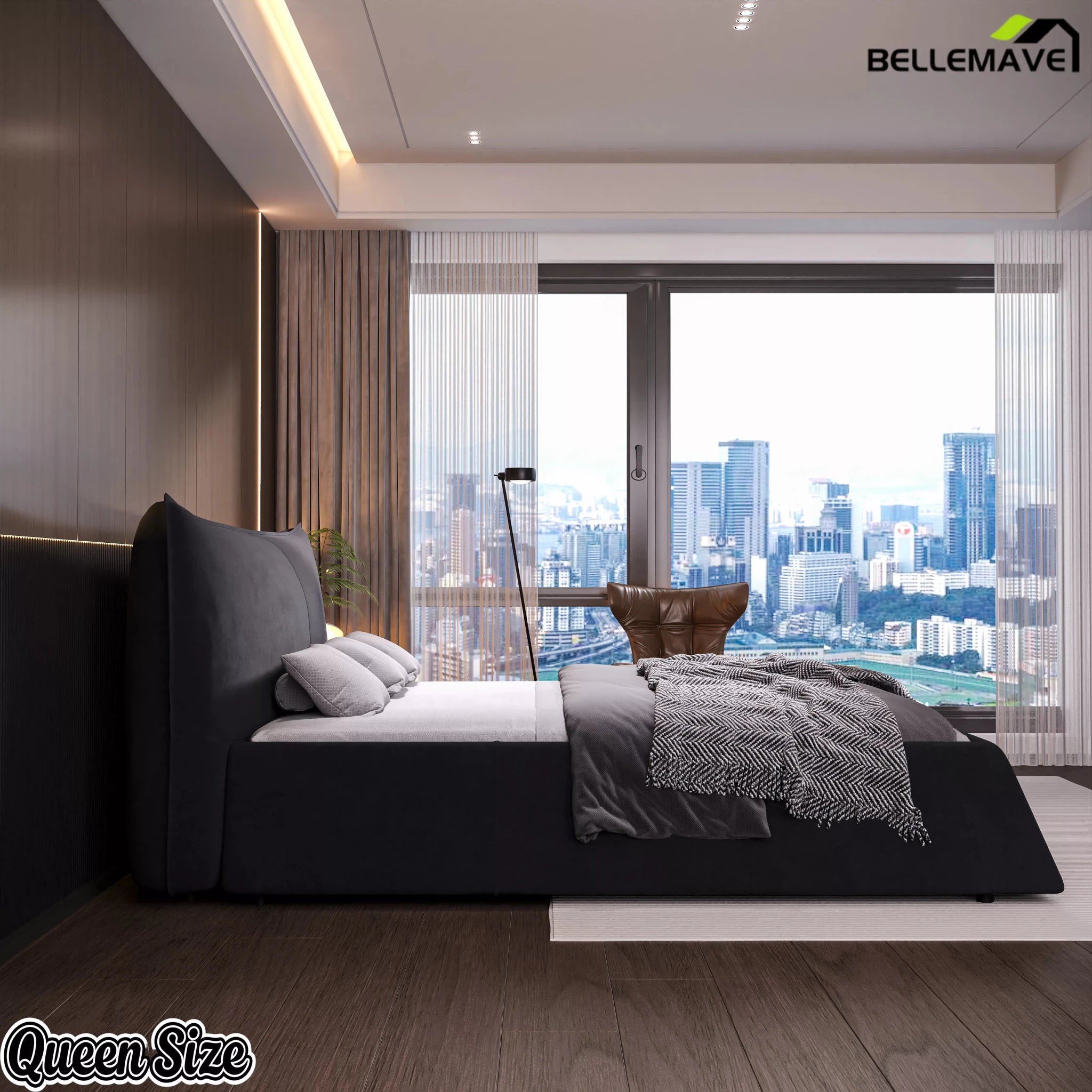 Bellemave® Upholstered Platform Bed with Velvet Headboard, Metal & Solid Wood Bed Frame, No Box Spring Needed - Bellemave