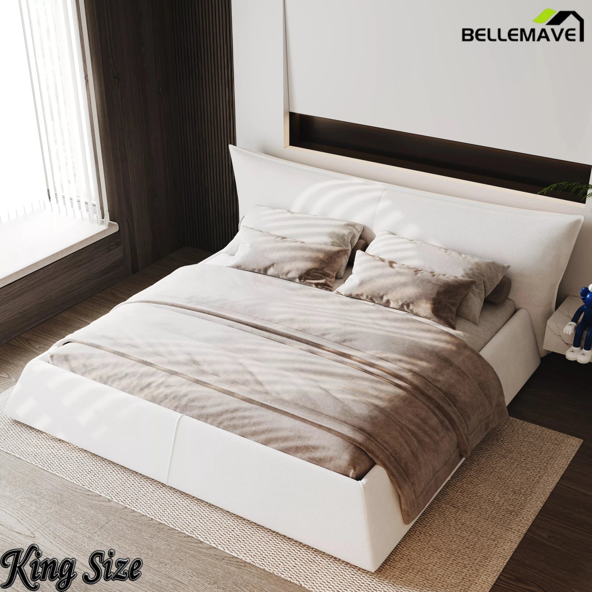 Bellemave® Upholstered Platform Bed with Velvet Headboard, Metal & Solid Wood Bed Frame, No Box Spring Needed - Bellemave