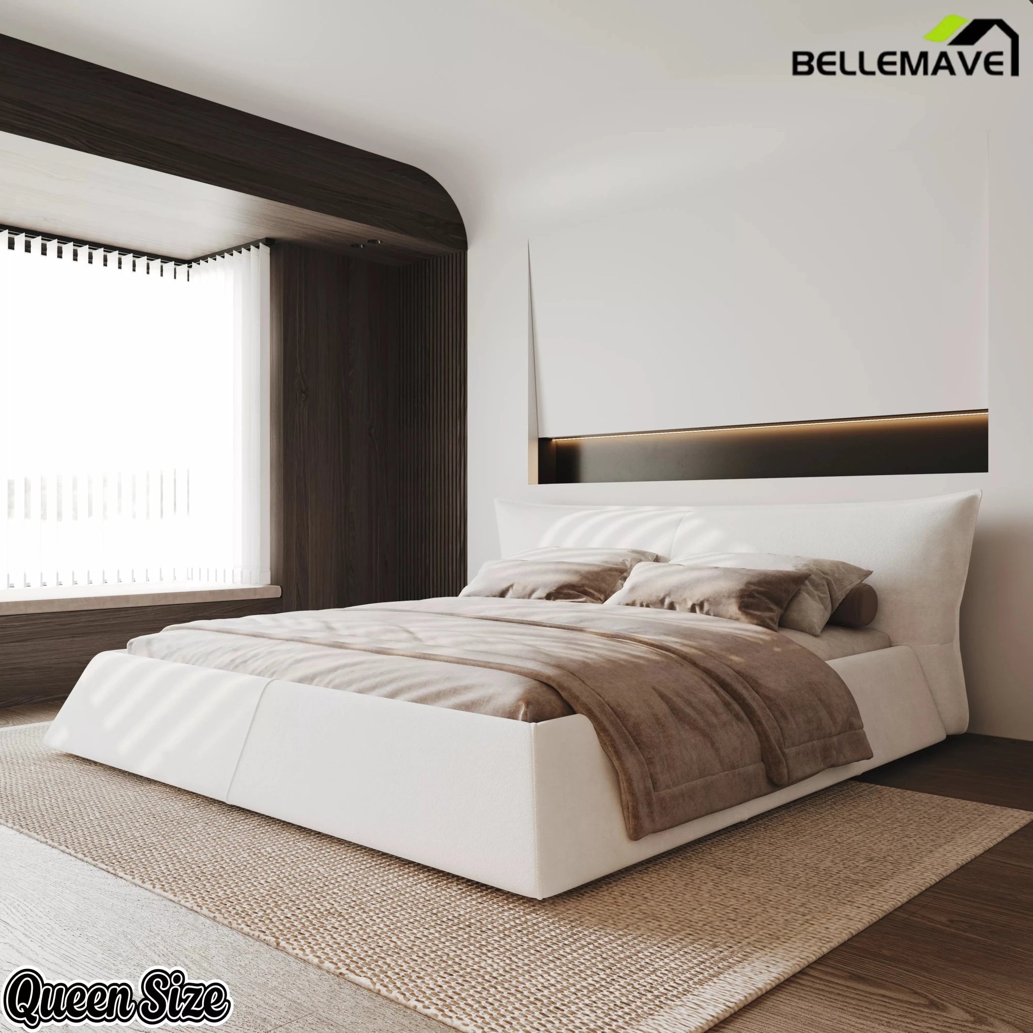 Bellemave® Upholstered Platform Bed with Velvet Headboard, Metal & Solid Wood Bed Frame, No Box Spring Needed - Bellemave