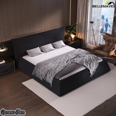 Bellemave® Upholstered Platform Bed with Velvet Headboard, Metal & Solid Wood Bed Frame, No Box Spring Needed - Bellemave