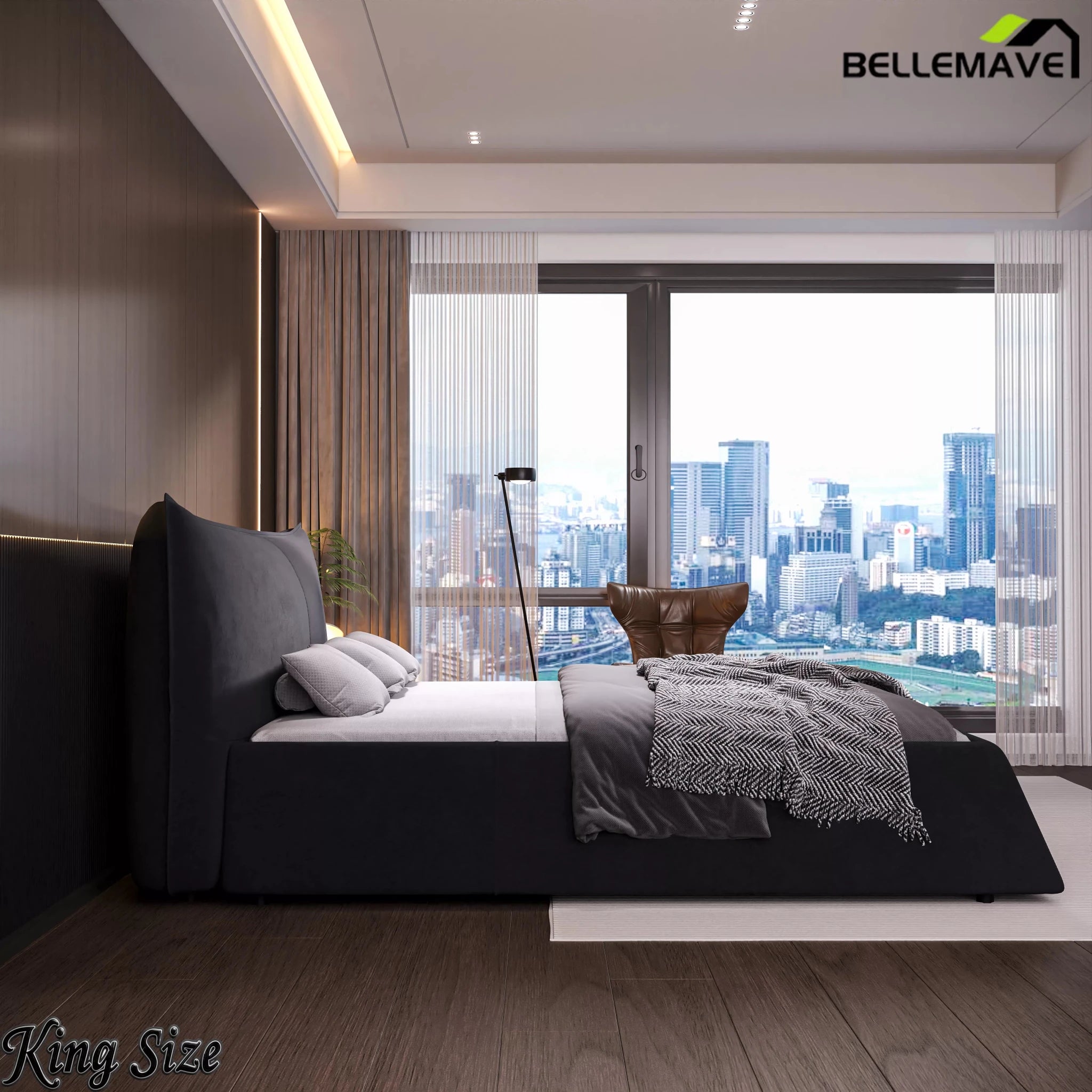Bellemave® Upholstered Platform Bed with Velvet Headboard, Metal & Solid Wood Bed Frame, No Box Spring Needed - Bellemave