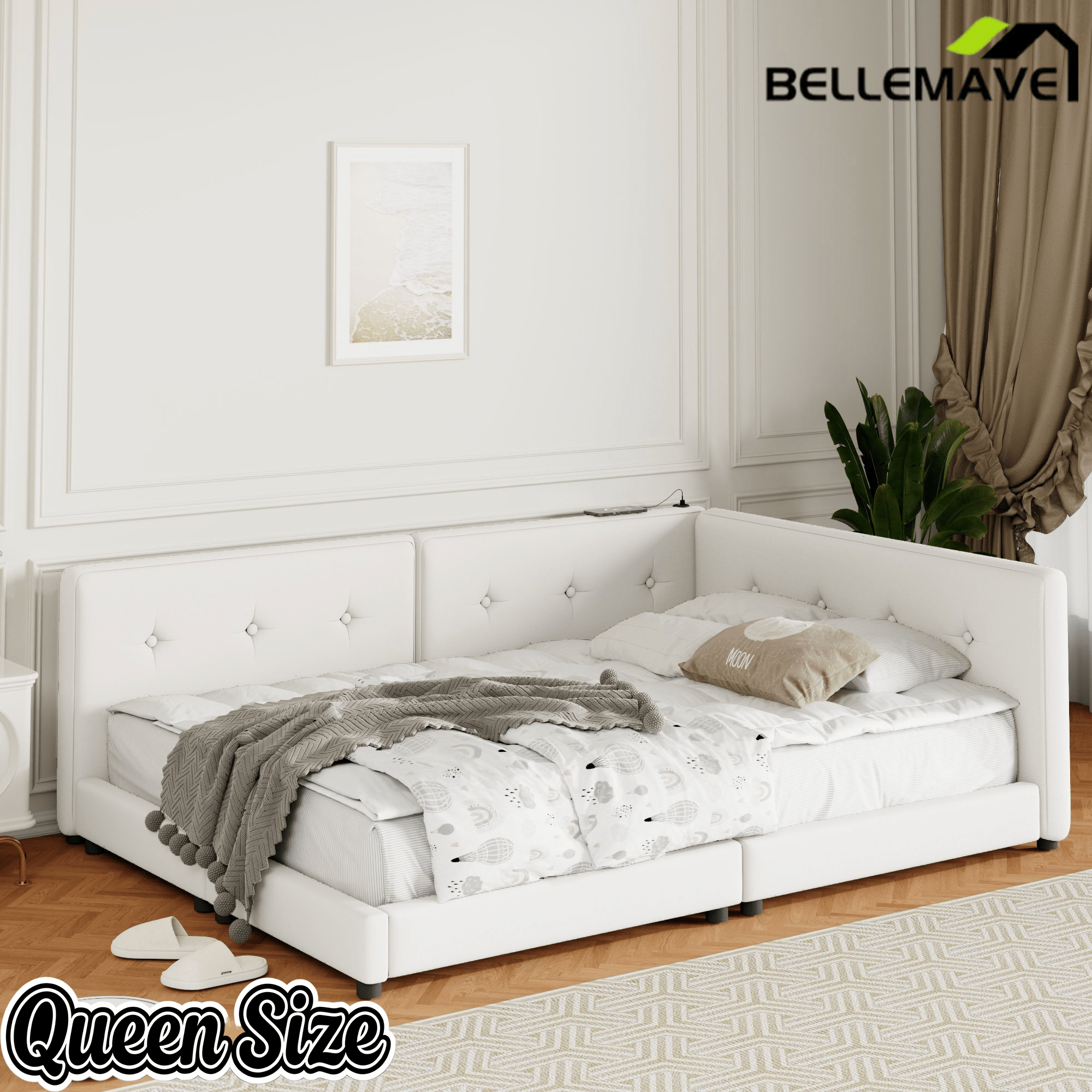 Bellemave Upholstered Queen Size Daybed with USB Ports, Linen Wooden Platform Bed/Sofa Bed/Low Floor Bed Frame with Backrests for Teens Adults, Easy to Assemble (Beige, Queen) - Bellemave