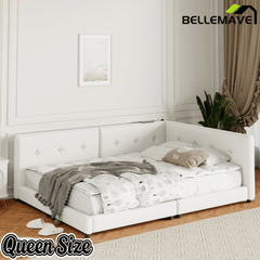 Bellemave Upholstered Queen Size Daybed with USB Ports, Linen Wooden Platform Bed/Sofa Bed/Low Floor Bed Frame with Backrests for Teens Adults, Easy to Assemble (Beige, Queen) - Bellemave