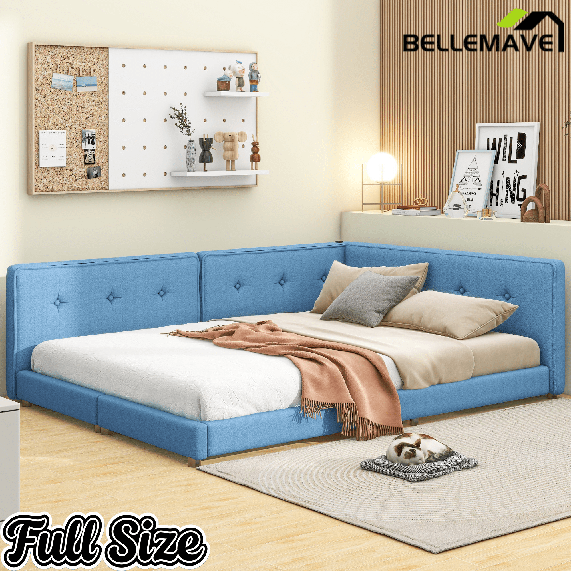 Bellemave Upholstered Queen Size Daybed with USB Ports, Linen Wooden Platform Bed/Sofa Bed/Low Floor Bed Frame with Backrests for Teens Adults, Easy to Assemble (Beige, Queen) - Bellemave