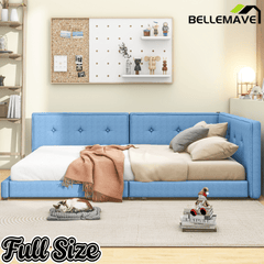 Bellemave Upholstered Queen Size Daybed with USB Ports, Linen Wooden Platform Bed/Sofa Bed/Low Floor Bed Frame with Backrests for Teens Adults, Easy to Assemble (Beige, Queen) - Bellemave
