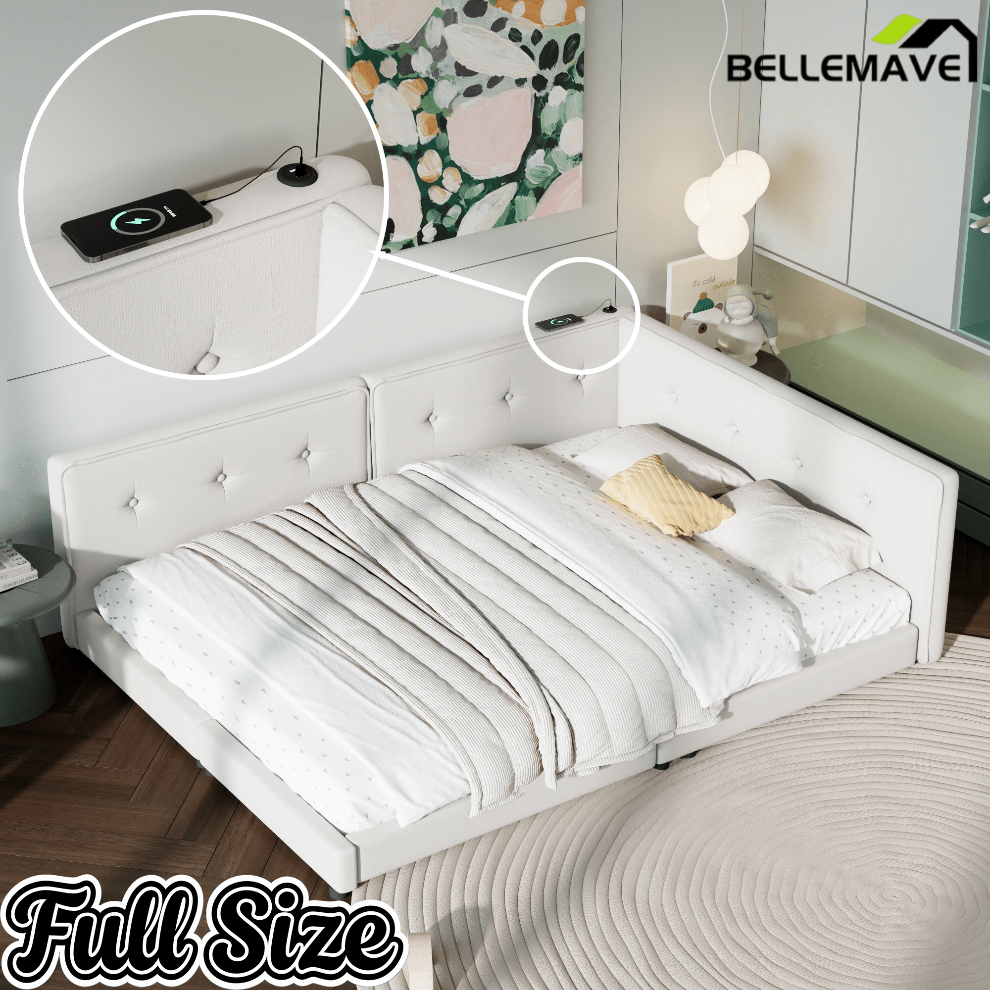 Bellemave Upholstered Queen Size Daybed with USB Ports, Linen Wooden Platform Bed/Sofa Bed/Low Floor Bed Frame with Backrests for Teens Adults, Easy to Assemble (Beige, Queen) - Bellemave
