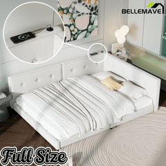 Bellemave Upholstered Queen Size Daybed with USB Ports, Linen Wooden Platform Bed/Sofa Bed/Low Floor Bed Frame with Backrests for Teens Adults, Easy to Assemble (Beige, Queen) - Bellemave