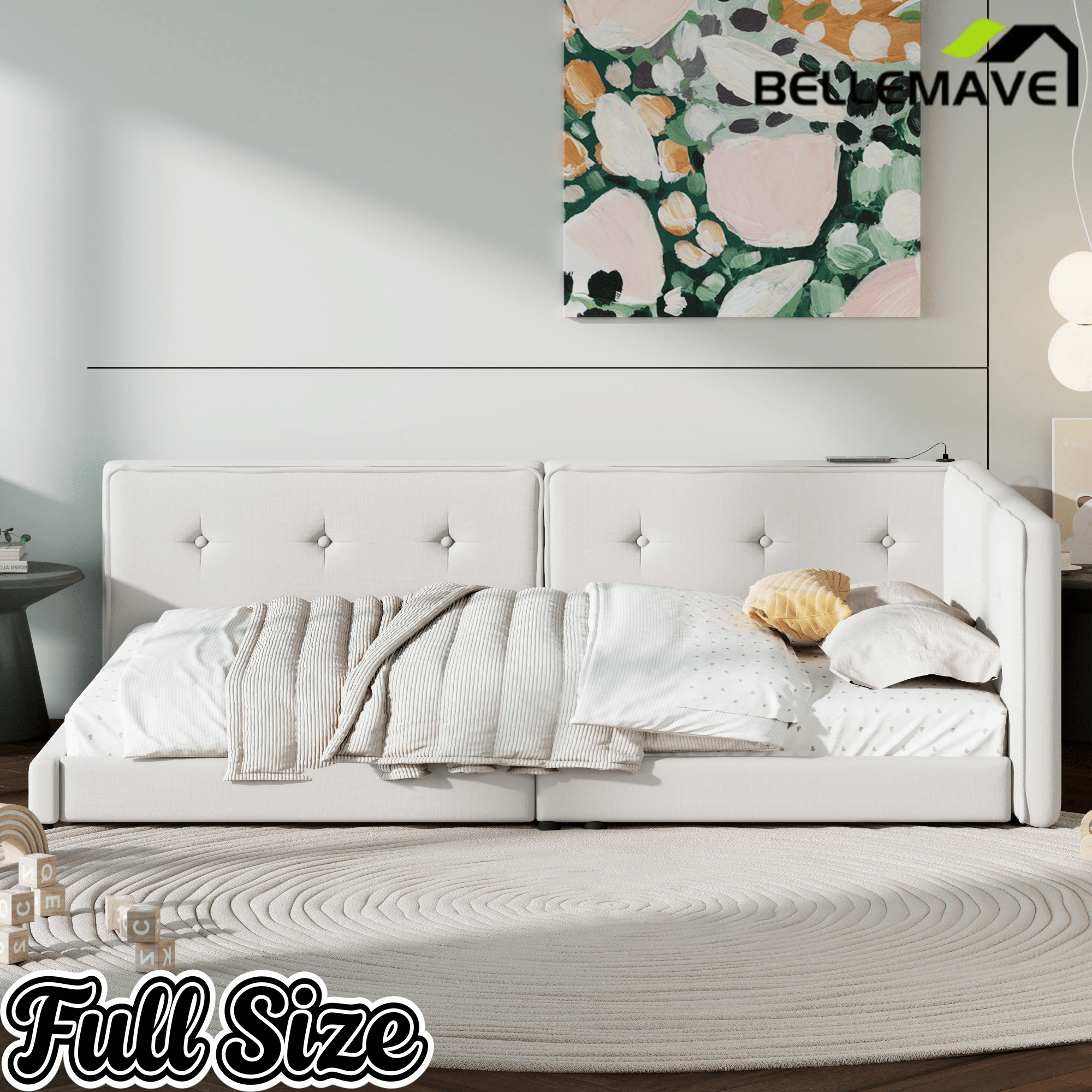 Bellemave Upholstered Queen Size Daybed with USB Ports, Linen Wooden Platform Bed/Sofa Bed/Low Floor Bed Frame with Backrests for Teens Adults, Easy to Assemble (Beige, Queen) Bellemave