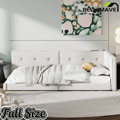 Bellemave Upholstered Queen Size Daybed with USB Ports, Linen Wooden Platform Bed/Sofa Bed/Low Floor Bed Frame with Backrests for Teens Adults, Easy to Assemble (Beige, Queen) Bellemave