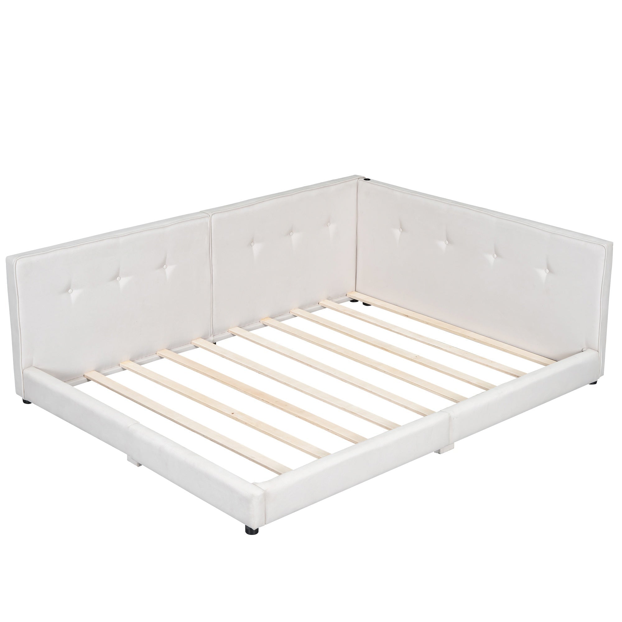 Bellemave Upholstered Queen Size Daybed with USB Ports, Linen Wooden Platform Bed/Sofa Bed/Low Floor Bed Frame with Backrests for Teens Adults, Easy to Assemble (Beige, Queen) - Bellemave