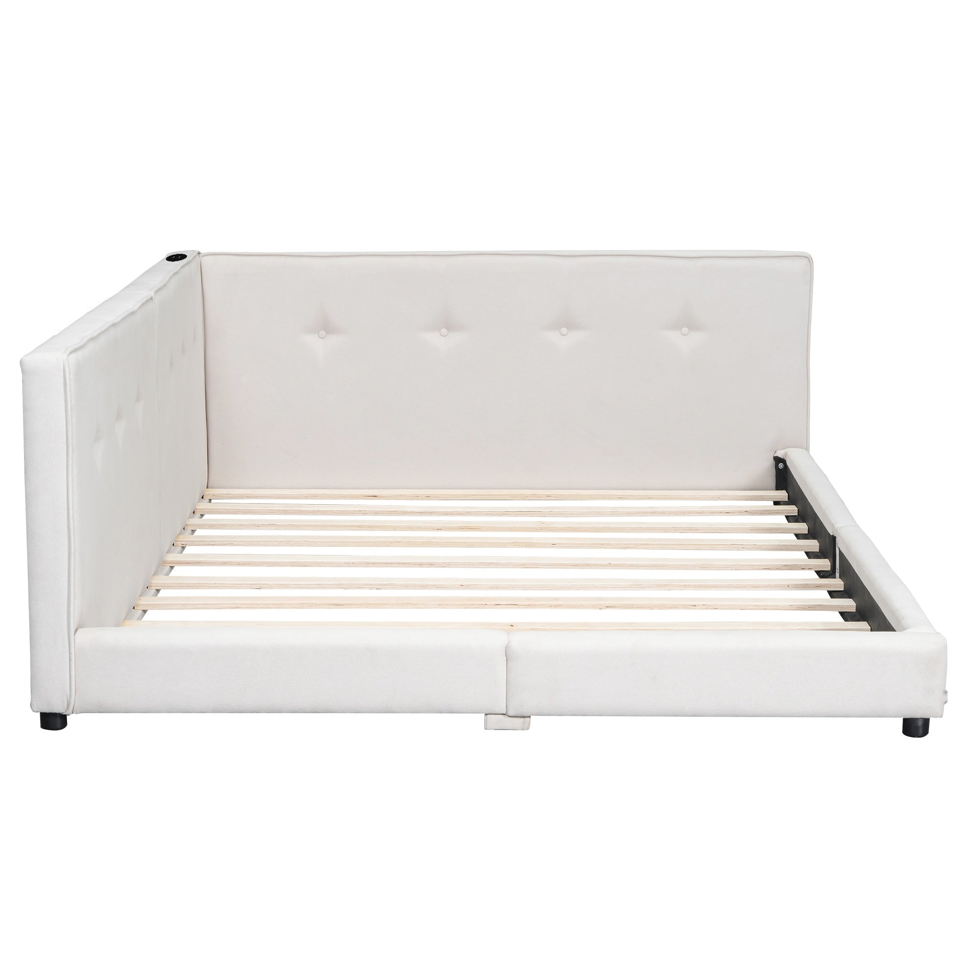Bellemave Upholstered Queen Size Daybed with USB Ports, Linen Wooden Platform Bed/Sofa Bed/Low Floor Bed Frame with Backrests for Teens Adults, Easy to Assemble (Beige, Queen) - Bellemave