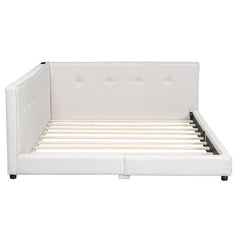 Bellemave Upholstered Queen Size Daybed with USB Ports, Linen Wooden Platform Bed/Sofa Bed/Low Floor Bed Frame with Backrests for Teens Adults, Easy to Assemble (Beige, Queen) - Bellemave