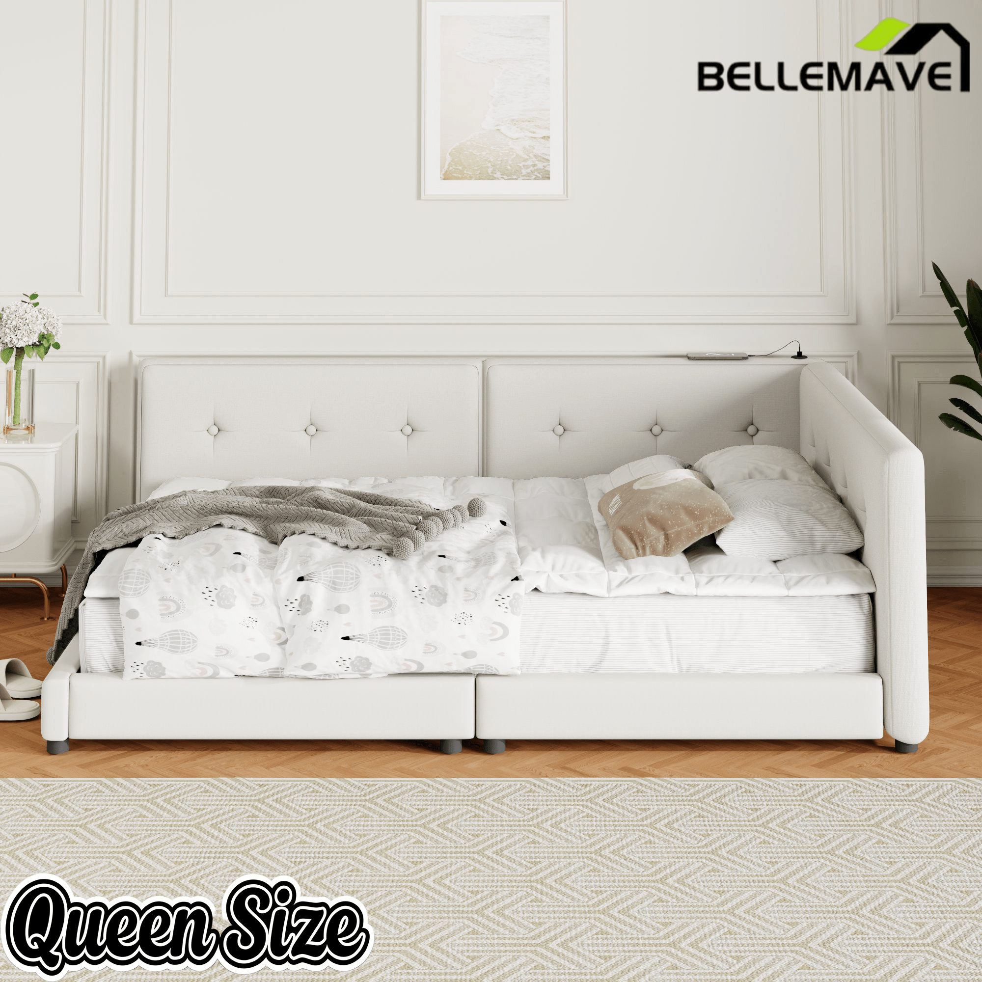 Bellemave Upholstered Queen Size Daybed with USB Ports, Linen Wooden Platform Bed/Sofa Bed/Low Floor Bed Frame with Backrests for Teens Adults, Easy to Assemble (Beige, Queen) - Bellemave