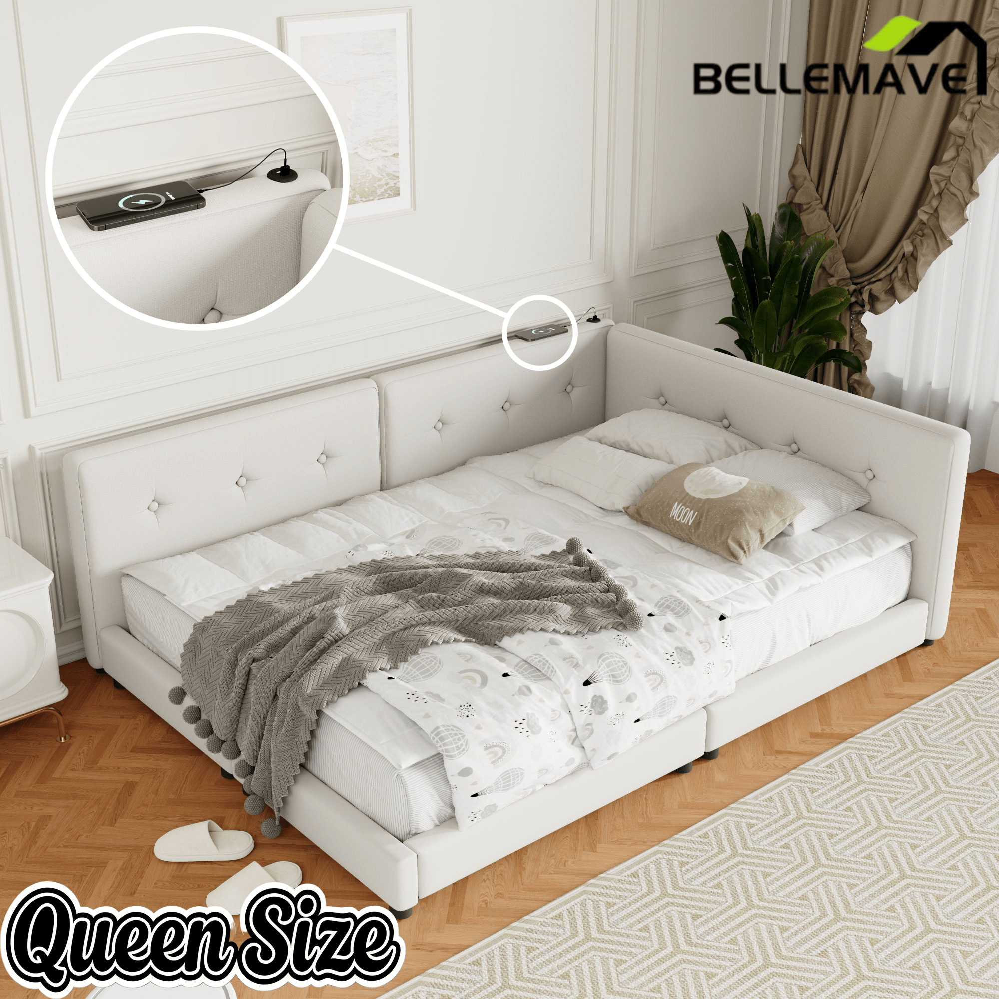 Bellemave Upholstered Queen Size Daybed with USB Ports, Linen Wooden Platform Bed/Sofa Bed/Low Floor Bed Frame with Backrests for Teens Adults, Easy to Assemble (Beige, Queen) - Bellemave
