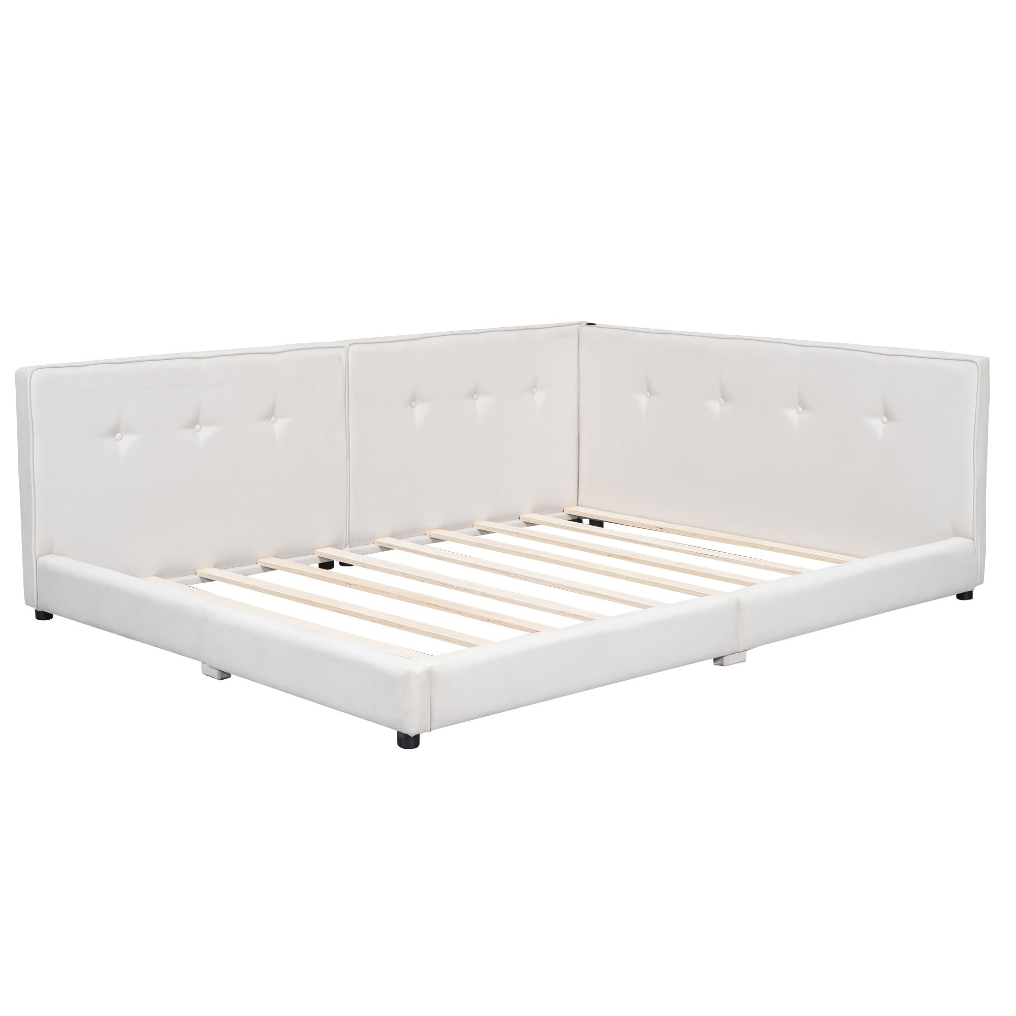 Bellemave Upholstered Queen Size Daybed with USB Ports, Linen Wooden Platform Bed/Sofa Bed/Low Floor Bed Frame with Backrests for Teens Adults, Easy to Assemble (Beige, Queen) - Bellemave