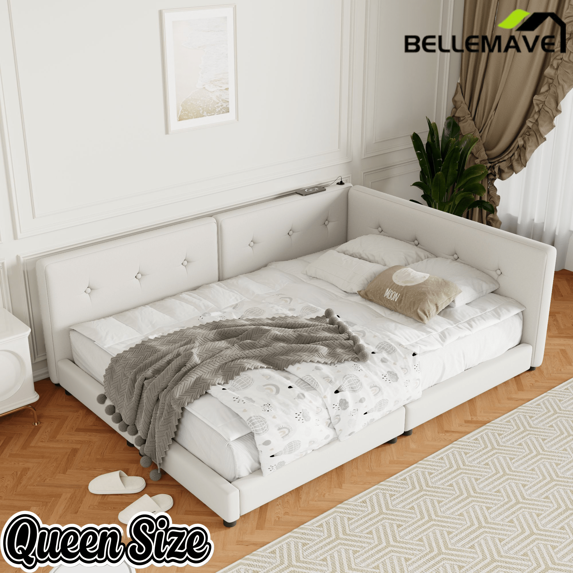 Bellemave Upholstered Queen Size Daybed with USB Ports, Linen Wooden Platform Bed/Sofa Bed/Low Floor Bed Frame with Backrests for Teens Adults, Easy to Assemble (Beige, Queen) - Bellemave