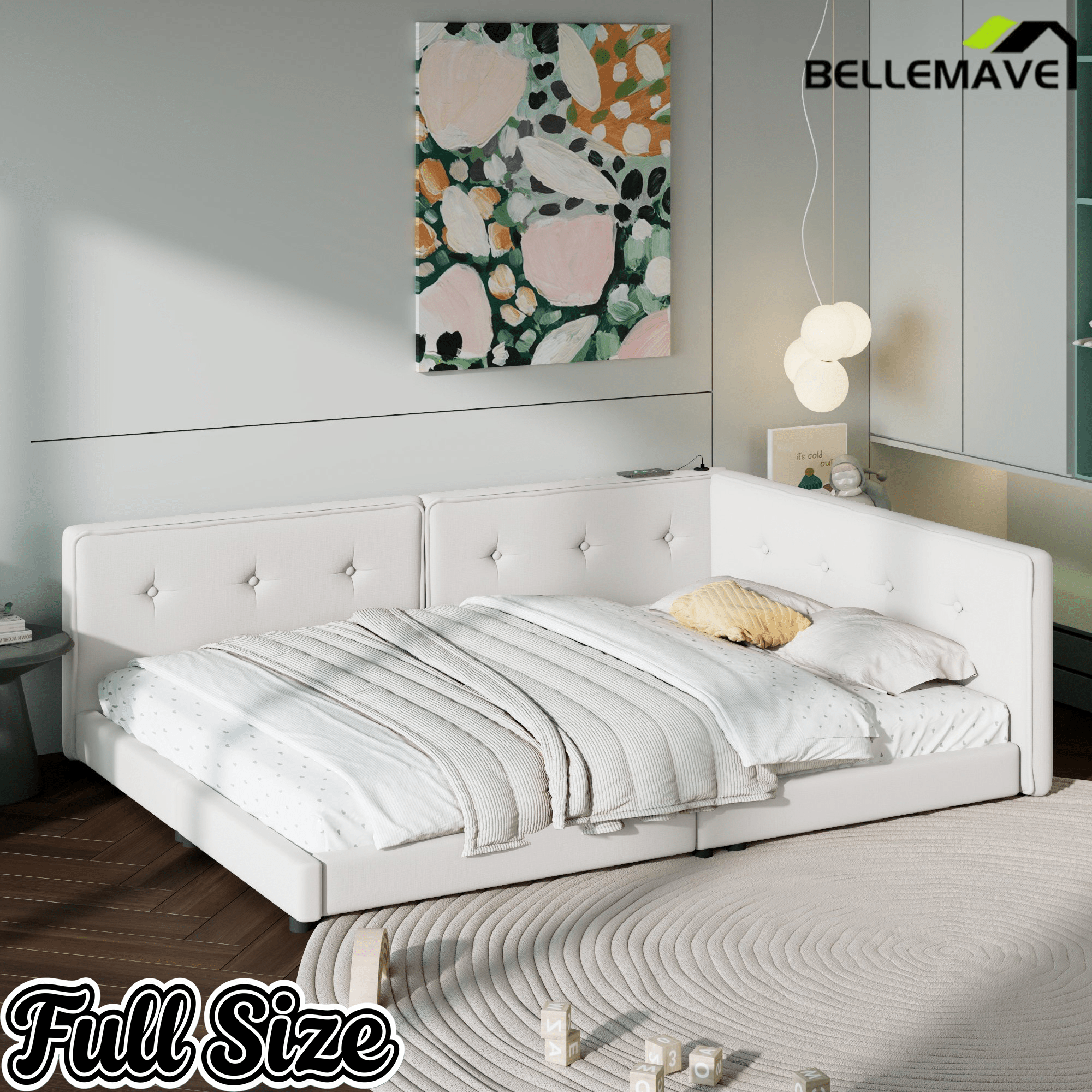 Bellemave Upholstered Queen Size Daybed with USB Ports, Linen Wooden Platform Bed/Sofa Bed/Low Floor Bed Frame with Backrests for Teens Adults, Easy to Assemble (Beige, Queen) - Bellemave