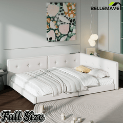 Bellemave Upholstered Queen Size Daybed with USB Ports, Linen Wooden Platform Bed/Sofa Bed/Low Floor Bed Frame with Backrests for Teens Adults, Easy to Assemble (Beige, Queen) - Bellemave