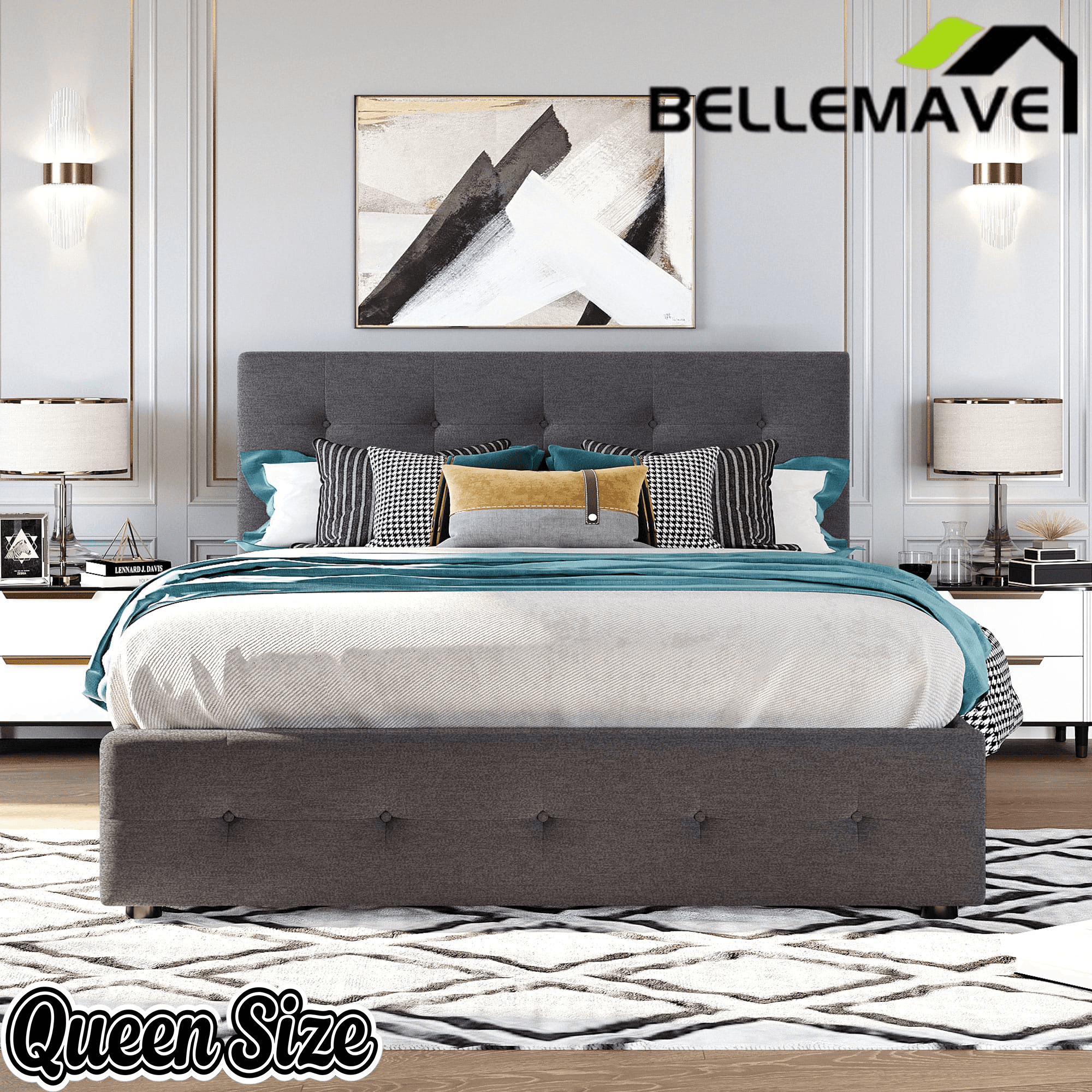 Bellemave® Upholstered Queen Size Platform Bed Frame with 2 Storage Drawers,Twin XL Trundle,Headboard & Footboard,Mattress Foundation with Slats Support - Bellemave