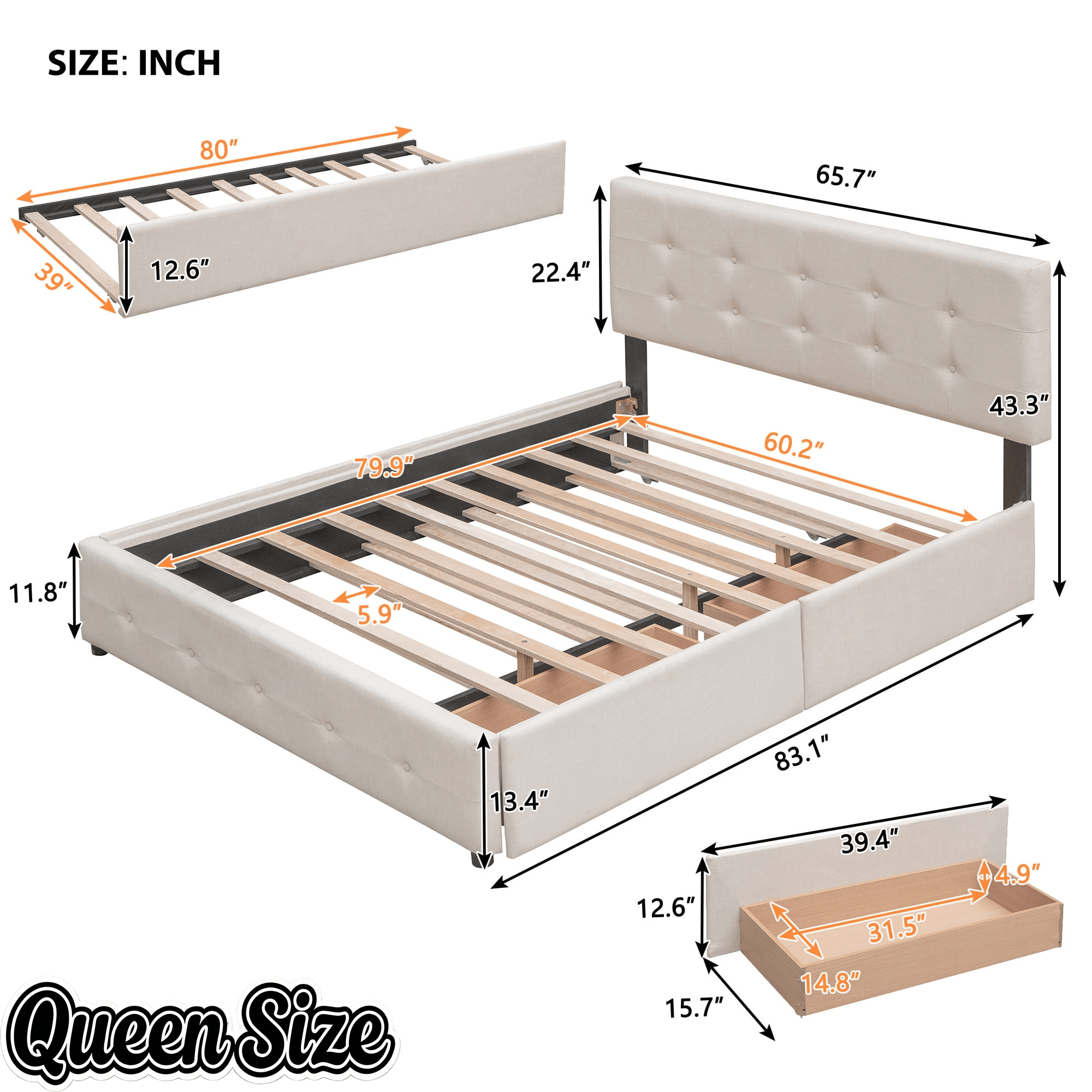 Bellemave® Upholstered Queen Size Platform Bed Frame with 2 Storage Drawers,Twin XL Trundle,Headboard & Footboard,Mattress Foundation with Slats Support - Bellemave