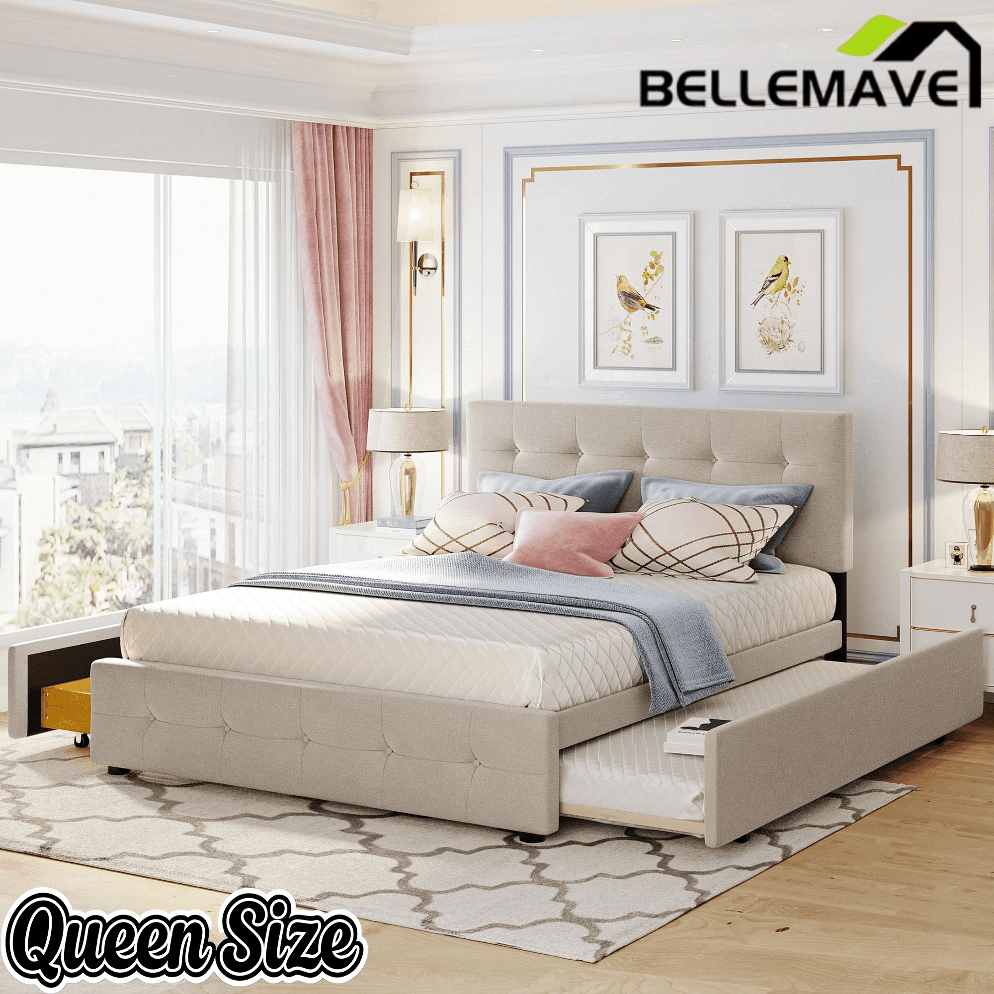 Bellemave® Upholstered Queen Size Platform Bed Frame with 2 Storage Drawers,Twin XL Trundle,Headboard & Footboard,Mattress Foundation with Slats Support - Bellemave