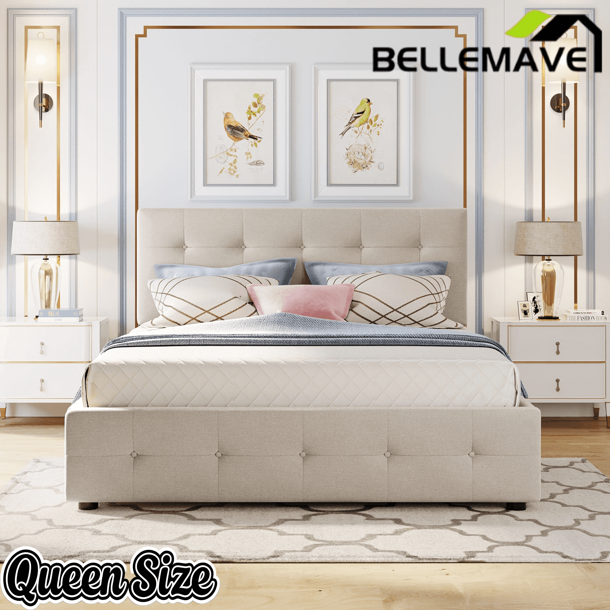 Bellemave® Upholstered Queen Size Platform Bed Frame with 2 Storage Drawers,Twin XL Trundle,Headboard & Footboard,Mattress Foundation with Slats Support - Bellemave