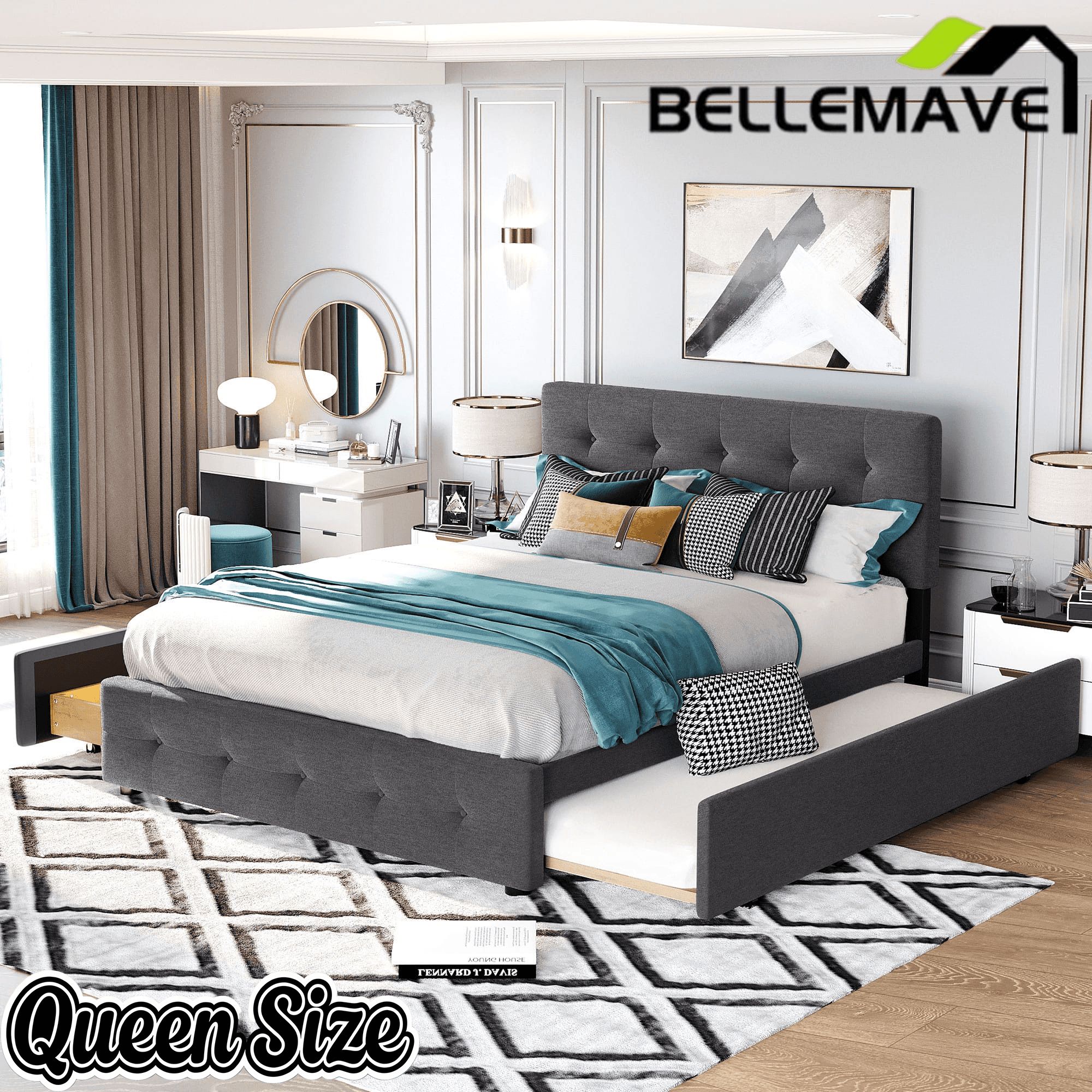 Bellemave® Upholstered Queen Size Platform Bed Frame with 2 Storage Drawers,Twin XL Trundle,Headboard & Footboard,Mattress Foundation with Slats Support - Bellemave