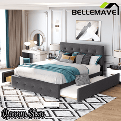 Bellemave® Upholstered Queen Size Platform Bed Frame with 2 Storage Drawers,Twin XL Trundle,Headboard & Footboard,Mattress Foundation with Slats Support - Bellemave