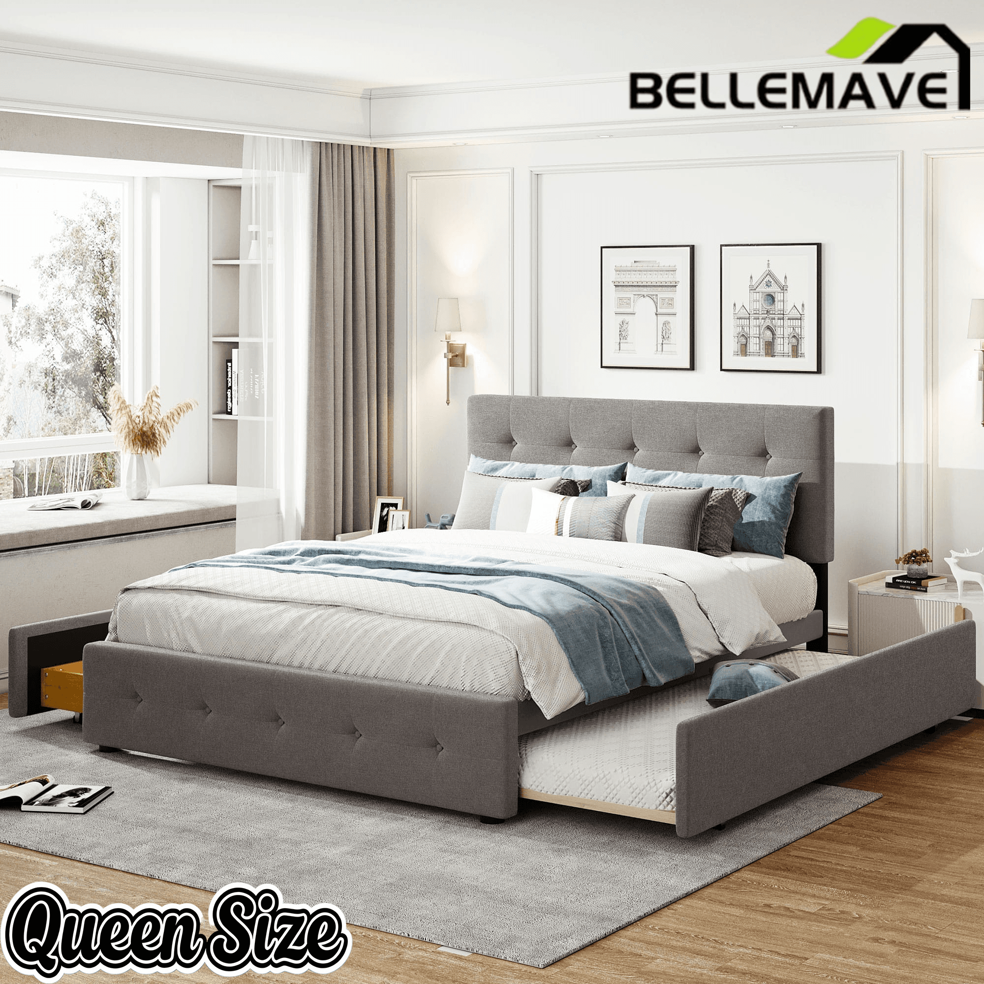 Bellemave® Upholstered Queen Size Platform Bed Frame with 2 Storage Drawers,Twin XL Trundle,Headboard & Footboard,Mattress Foundation with Slats Support - Bellemave