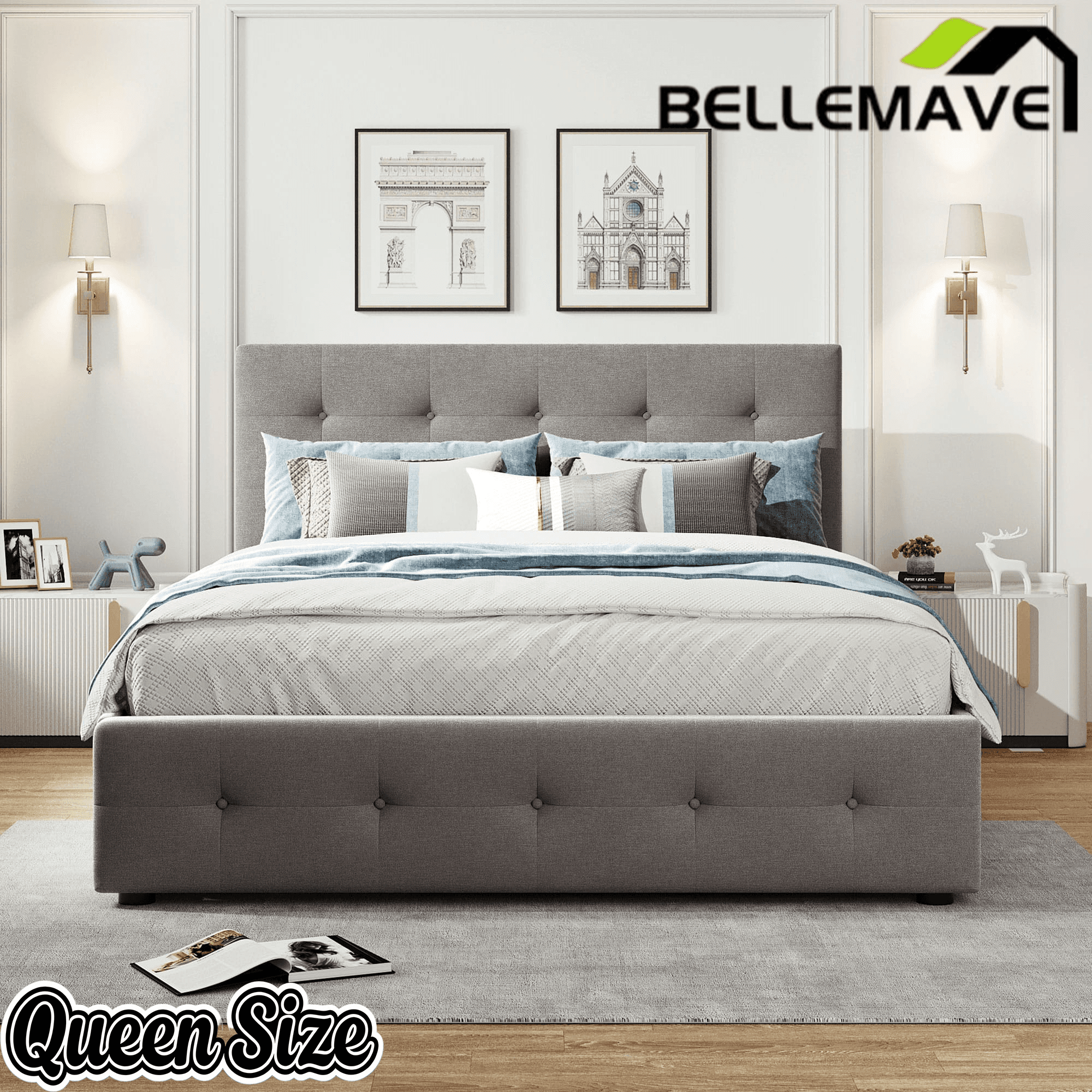 Bellemave® Upholstered Queen Size Platform Bed Frame with 2 Storage Drawers,Twin XL Trundle,Headboard & Footboard,Mattress Foundation with Slats Support - Bellemave