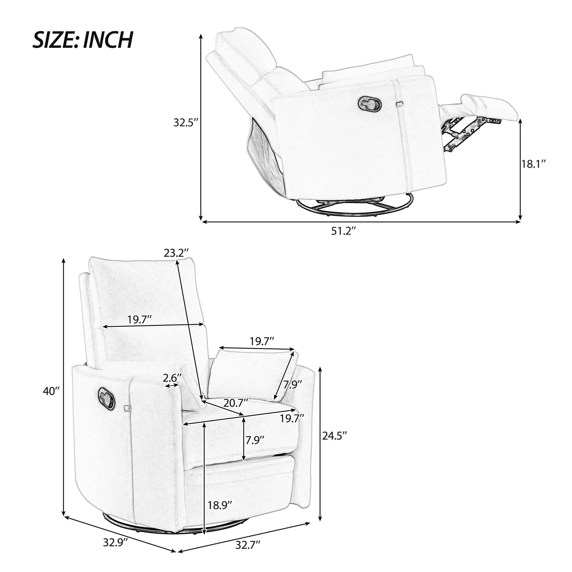 Bellemave® Upholstered Swivel Recliner with Two Removable Pillows - Bellemave