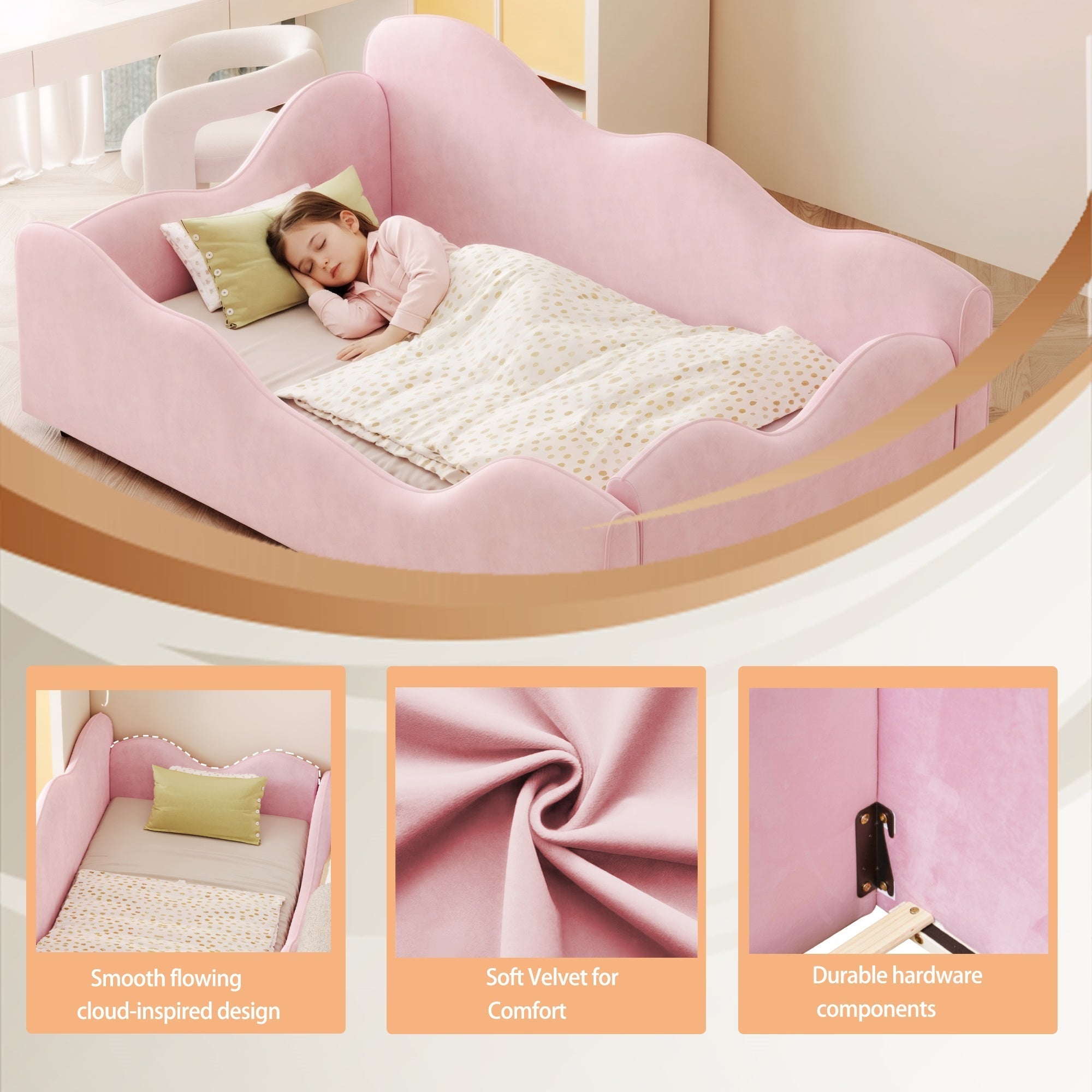 Bellemave® Upholstered Toddler Bed with Safety Guardrails, Montessori Floor Bed Up to 1 - 6 Years Girls and Boys, Pink - Bellemave