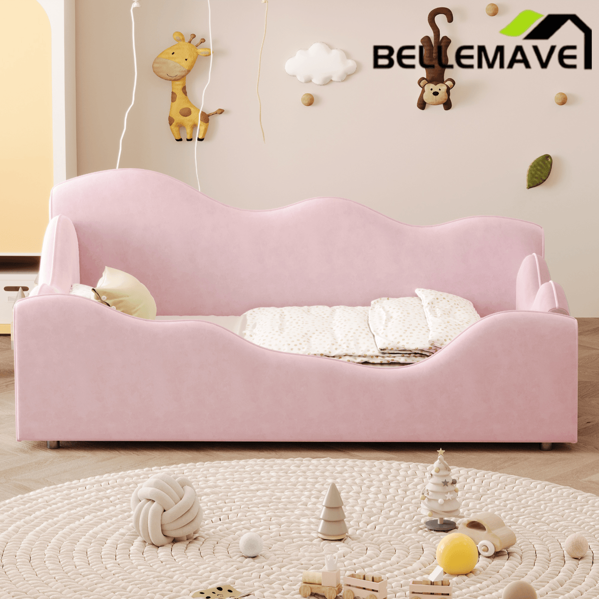 Bellemave® Upholstered Toddler Bed with Safety Guardrails, Montessori Floor Bed Up to 1 - 6 Years Girls and Boys, Pink - Bellemave