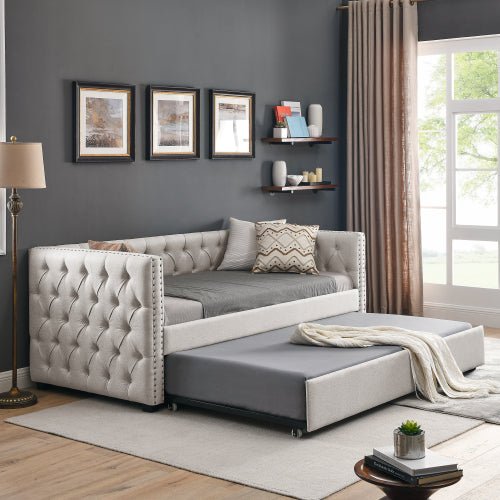 Bellemave® Upholstered Tufted Daybed with Trundle Bed, with Button and Copper Nail on Square Arms - Bellemave