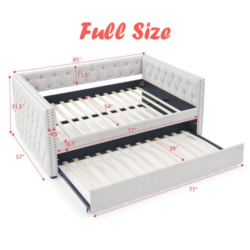 Bellemave® Upholstered Tufted Daybed with Trundle Bed, with Button and Copper Nail on Square Arms - Bellemave