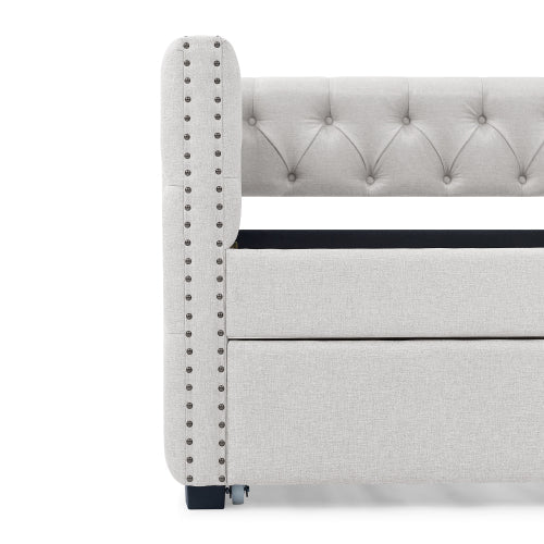 Bellemave® Upholstered Tufted Daybed with Trundle Bed, with Button and Copper Nail on Square Arms - Bellemave