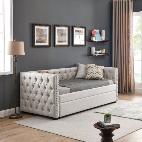 Bellemave® Upholstered Tufted Daybed with Trundle Bed, with Button and Copper Nail on Square Arms - Bellemave