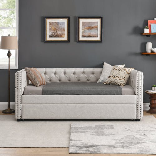 Bellemave® Upholstered Tufted Daybed with Trundle Bed, with Button and Copper Nail on Square Arms - Bellemave