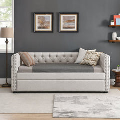 Bellemave® Upholstered Tufted Daybed with Trundle Bed, with Button and Copper Nail on Square Arms - Bellemave