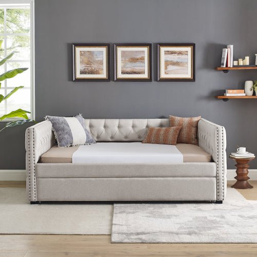 Bellemave® Upholstered Tufted Daybed with Trundle Bed, with Button and Copper Nail on Square Arms - Bellemave