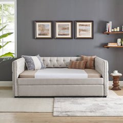 Bellemave® Upholstered Tufted Daybed with Trundle Bed, with Button and Copper Nail on Square Arms - Bellemave