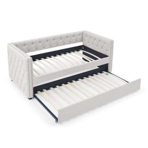 Bellemave® Upholstered Tufted Daybed with Trundle Bed, with Button and Copper Nail on Square Arms - Bellemave