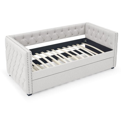 Bellemave® Upholstered Tufted Daybed with Trundle Bed, with Button and Copper Nail on Square Arms - Bellemave