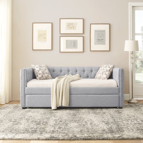 Bellemave® Upholstered Tufted Daybed with Trundle Bed, with Button and Copper Nail on Square Arms - Bellemave
